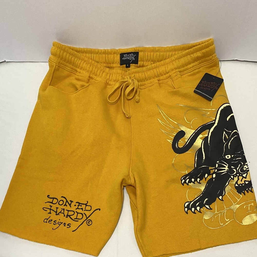 Ed Hardy Marigold Fleece Panther Tattoo Graphic Large Mens Sweat Shorts NWT Y2K